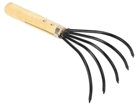 SUPYINI Rastrello ergonomico per giardino, 5 denti in acciaio, manico in legno, coltivatore per artigli per la lavorazione e l'allentamento del terreno (manico corto)