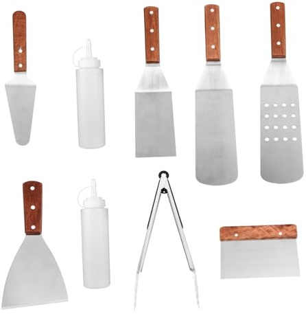 FONDOTIN Ensemble Ustensiles Barbecue en Acier Inoxydable 9 Pièces pour Grillades en Plein Air, Outils Résistants et Légers Cuisine Extérieure, Kit Complet Barbecue Multifonction