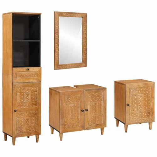 KTHLBRH Ensemble de meubles de salle de bain en bois de manguier avec miroir plat et grand espace de rangement - Meuble lavabo et deux armoires de rangement - Style rustique et fonctionnel, facile