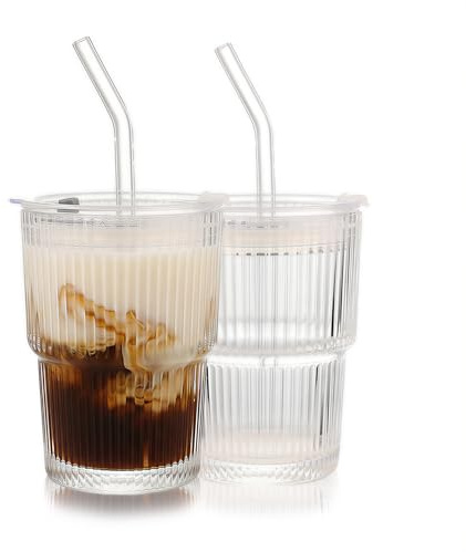 WeirdUncle Ribbed Glass Tumbler with Lids and Straws, Vintage Clear Glass Cups, Large Capacity, Unbreakable, Fluted Design, Ideal for Water, Iced Coffee, Juice, Tea, Latte, Gift (2pc 14oz)