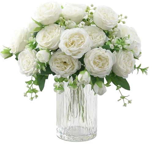 Filltown 4 Bündel Pfingstrose Künstliche Blumen, Künstliche Pfingstrosen Künstlich wie echt, Kunstblumen Seidenpfingstrosen Blumenstrauß für Hochzeit Partei Blumenarrangement Heim Dekor - Weiß