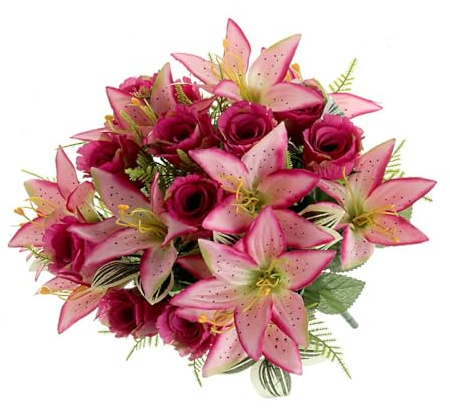 FloristryWarehouse Ramo de rosas de seda sintética, lirios y follaje verde, mezcla de rosas de 44 cm de alto
