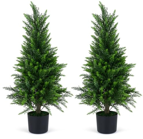 COSTWAY Set di 2 Alberi Artificiali di Cedro, Albero Artificiale in Vaso con Cemento e Fondo Rinforzato, Resistenti al Sole, Pianta Topiaria Finta da Interno e Esterno, per Casa e Ufficio (90 cm)