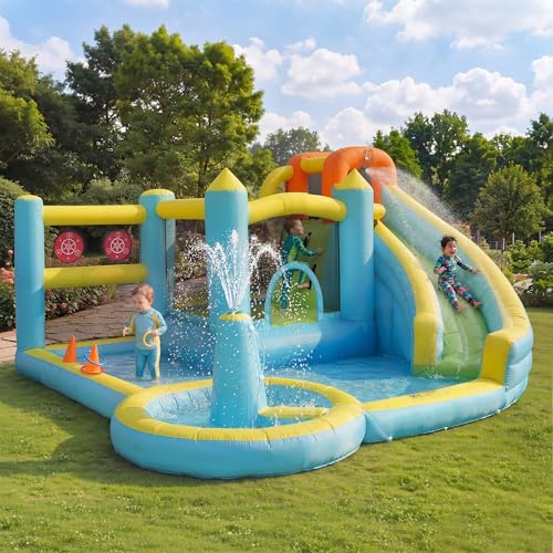Castillo hinchable hinchable con tobogán acuático y trampolín – Parque acuático 4 en 1 con piscina infantil, aspersor y ventilador de 450 W – 430 x 390 x 210 cm, tela Oxford, para interior y exterior