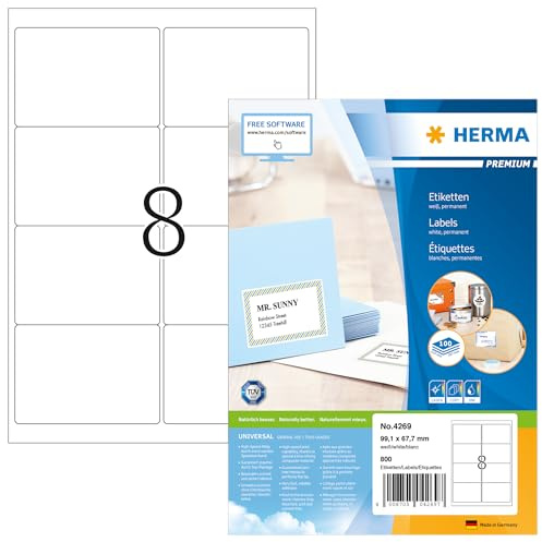 HERMA 4269 Versandetiketten, 1400 Blatt, 99,1 x 67,7 mm, 8 pro A4 Bogen, 11200 Stück, selbstklebend, bedruckbar, matt, blanko Papier Adressetiketten Aufkleber, weiß