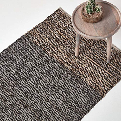 Homescapes Lederläufer grau-braun 120x180 cm, Teppich-Läufer handgewebt mit Ethno-Muster aus recyceltem Echtleder, Flachgewebe mit natürlichem Look