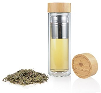 NimaTea Tea Infuser Glass Tumbler (15 oz) with Bamboo Lid, Comes with Stainless Steel Basket, Strainer and Sleeve - Portable Brewing Tea Maker with Double Wall Insulated Bottle
