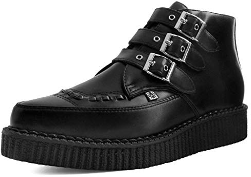 T.U.K. Black TUKskin 3-Buckle Pointed Creeper Boots for Men & Women, Low Platform Boot, Gothic Punk Retro Alternative Fashion Footwear, US 10 Women/8 Men