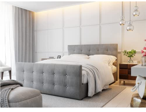 PM PAMIR-Möbel Bett Designer Bett mit Bettkasten Cleo | Boxspringbett mit Bonell-Matratze, 2 Bettkästen mit dekorativen Knöpfen im Kopfteil | Gesteppte Kopfstütze | 140x200cm | Grau