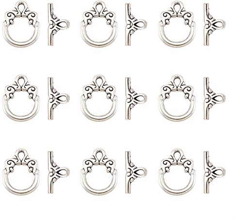PandaHall 10 Sets Antike Silber-Legierung Ring-Knebelverschlüsse Verbinder tibetischer Stil Knebelverschluss TBar Verschlüsse für Halskette Armband Schmuckherstellung