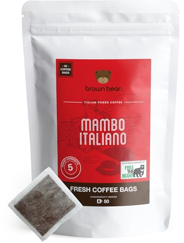 Strong Dark Roast Coffee Bags - Pack of 50 - Brown Bear Mambo Italiano Strong Espresso Blend - Strength 5 - Donation to Free The Bears - Individual Arabica Ground Coffee Bags Like Tea Bags