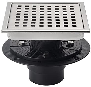 SISEHO 6 Inch Shower Drain Brushed Nickel Square with Adjustable Shower Drain Base Flange SUS304 Stainless Steel Floor Drain Cover Removable Mesh Grille