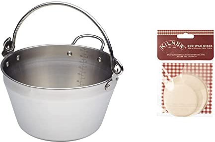 KitchenCraft Jam Pan for Induction Hob with Recipe in Gift Box, Home Made Maslin, Stainless Steel, 4.5 Litre, Silver & Kilner Pack of 200 Preservation Wax Discs, White