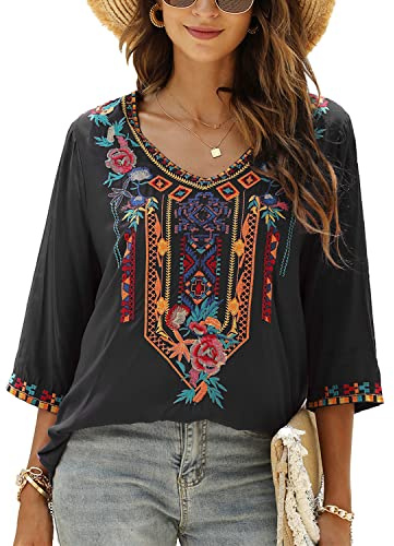 Vakakado Hippie Kleidung Damen Bohemian Folklore Stickerei Bluse 3/4 äRmel V Ausschnitt Tunika Sommer LäSsige Oberteil(328,Schwarz,L)