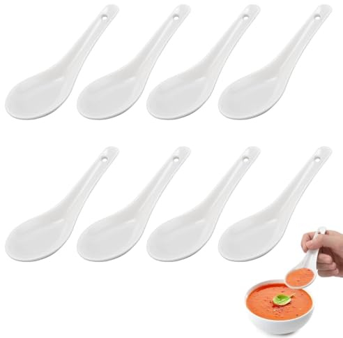 Cucharas de Sopa, Cuchara de Sopa de Cerámica de 8 Piezas Cuchara Redonda de Cerámica Cucharas de Sopa Chinas Cuchara Japonesa Blanca Cucharas de Sopa de Cocina Cucharas Pequeñas para Ramen