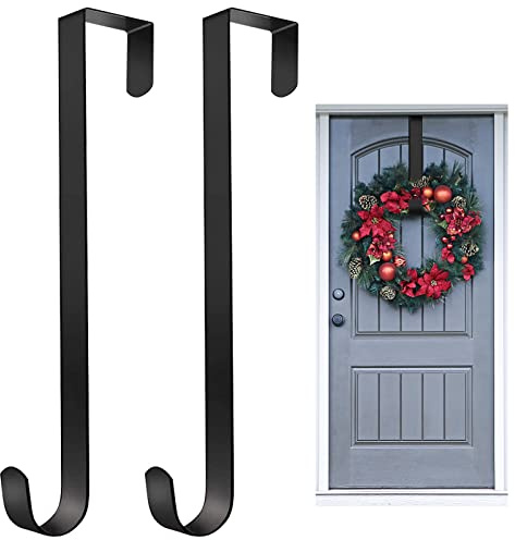 15 Christmas Wreath Hanger for Front Door, 2 Pack Metal Over The Door Hooks Wreath Holder, Fall Wreath Christmas Halloween Thanksgiving Decorations Outdoor Indoor, Welcome Sign for Front Door(Black)