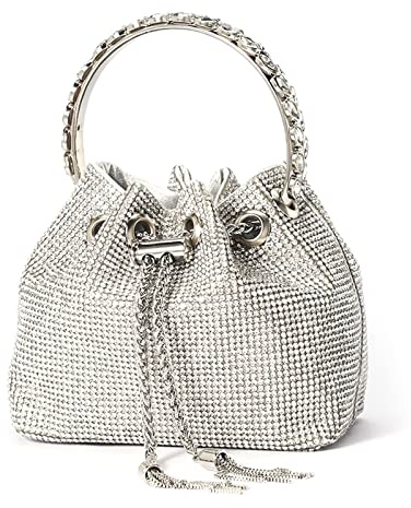 NICOLE & DORIS Borsa a Secchiello da Donna Borsa da Sera con Strass Pochette Donna Glitter Borsetta da Cerimonia Elegante Borsa da Matrimonio Borsa a Tracolla Brillante Argento