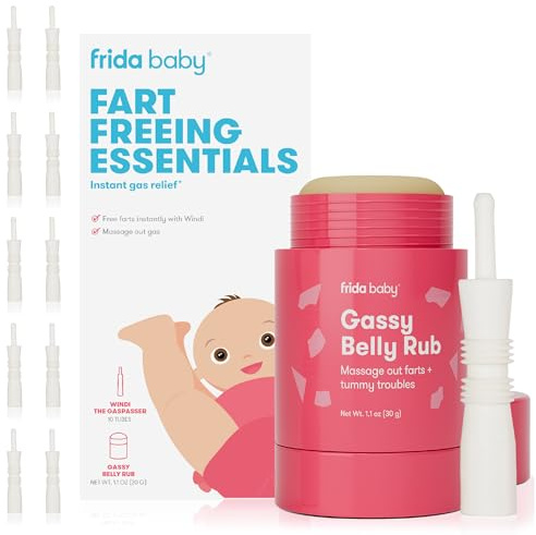 Frida Baby Fart Freeing Essentials | Includes Windi and Gassy Belly Rub for Safe, Natural, and Instant Gas Relief for Infants and Babies