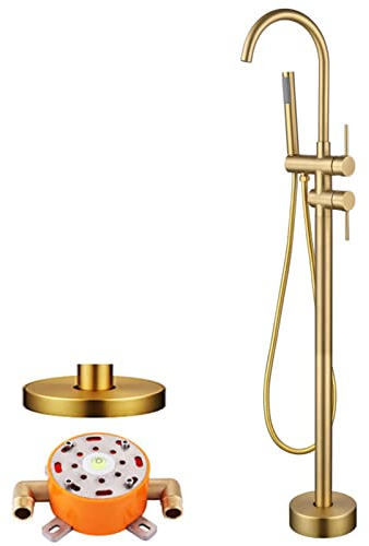 SWHC Freistehende Armatur Badewanne, 2 Modus Standarmatur für Wanne mit Handbrause 360°Drehen Auslauf Bodenstehende Wannenarmatur Messing Badewannenarmatur Gebürstetes Gold