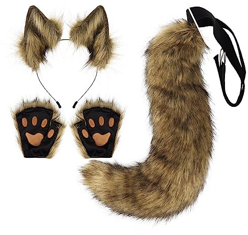 Kunstfell Katzenohren Stirnband Flauschiger Wolf Fuchsschwanz Krallenhandschuhe Cosplay Kostüm Set Tierkostüm pelziger Schwanz und Pfoten Damen Kostüm für Halloween Karneval Rollenspiele Bühnenshow