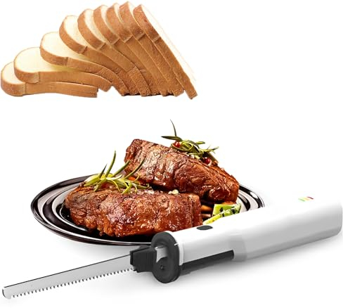 Cuchillo de trinchar eléctrico, cuchillo de carne portátil multiusos con 2 cuchillas dentadas de acero inoxidable de 8 y liberación de gatillo de bloqueo de seguridad, baja vibración y ruido para