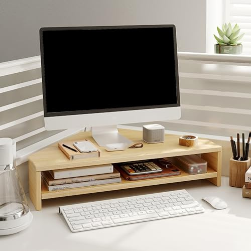 YANBI Office Organizer Rack with Storage, Wooden Corner Monitor Stands for Desk, Triangular Monitor Shelf Riser Lifting Tablet Holder (Color : Brown)