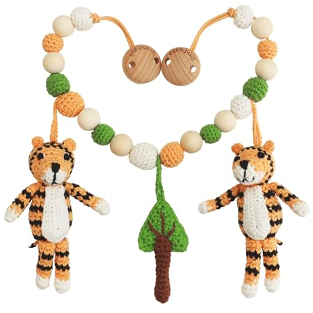 Sindibaba – Multifunktionale Kinderwagenkette Tiger Toni (50cm, orange, gehäkelt, mit Rasseln) – Nachhaltiges Babyspielzeug mit weichen Häkel-Stofftieren zum Aufhängen am Kinderwagen und Bettchen