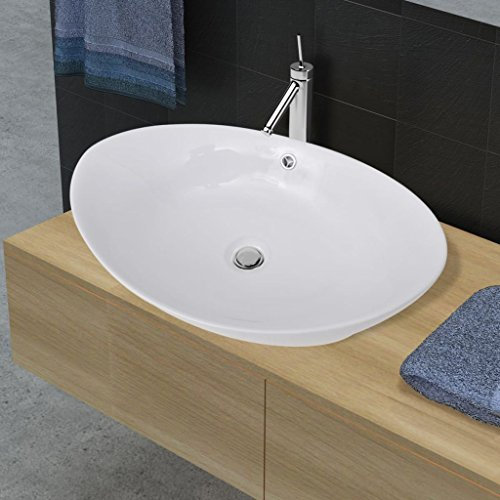ARKEM Ceramica,Finitura Bianco Lucido - Lavandino Design Moderno Bacinella Lavamani Lavello Sanitari Bagno,Lavello Ovale in Ceramica di Lusso con Troppopieno 59 x 38,5 cm