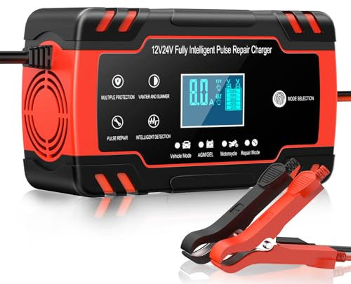 8A Caricabatteria da Auto, 12V / 24V 8A Multi Protezioni Carica Batteria Moto,Intelligente Schermo LCD Carica Batterie Completamente Automatico per Moto,Barche, Auto, Batteria AGM.