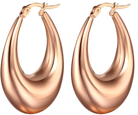 Flongo Ohrringe Hoop Damen Creolen: gold rosegold silber oval Ohrstecker rund Groß Dick klobige Edelstahl Tropfen Glitzer Huggies charm chunky Reif Earrings Modeschmuck Geschenk für Frauen Mädchen