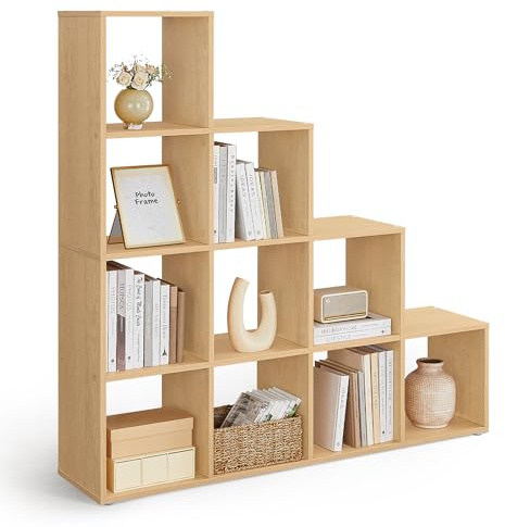 VASAGLE Custos Kollektion - Bücherregal mit 10 Fächern, Regal offen, Stufenregal, Ordnungssystem für Deko, Pflanzen, Wohnzimmer Schlafzimmer, 29 x 129,5 x 129,5 cm, eichenbeige LBC010Y01