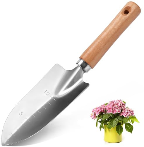 Small Garden Shovel with Wood Handle, Hand Tool Aluminum Alloy Garden Shovel with Measuring Depth Mark for Transplanting Weeding and Digging and Planting