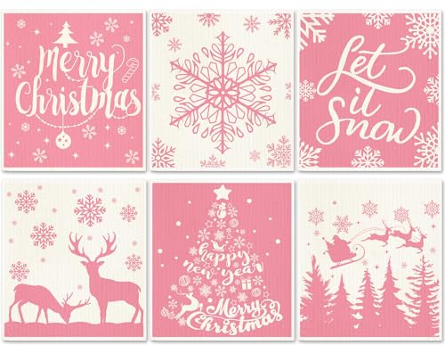 Whaline 6Pcs Christmas Swedish Dishcloths Pink White Xmas Tree Snowflake Cotton Kitchen Towel Winter Absorbent Dish Towel for Housewarming Cleaning, 6.7 x 7.7 Inch