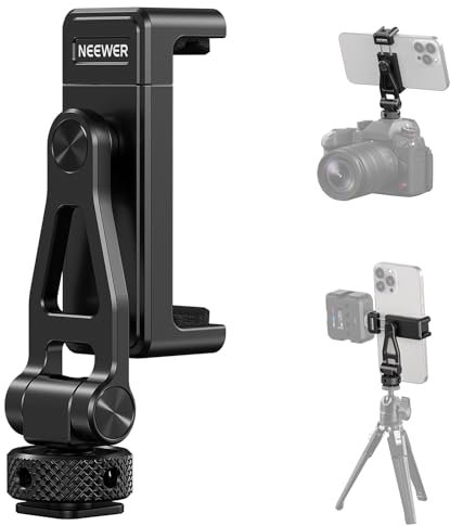 Neewer Metal Phone Tripod Mount with Cold Shoes, 1/4 Thread, 180° Tilt, 360° Rotation, Adjustable Phone Clamp Metal Phone Holder Compatible with iPhone 16 15 Pro Max S24 Ultra Camera Cage, GA010