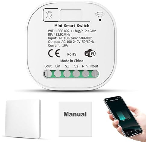 DEWIN Interruttore Intelligente,Interruttore Senza Fili 16A 100-240V Mini interruttore WiFi Wireless Ricevitore Telecomando Relè 16A RF 433MHz,Compatibile Alexa/Google Home(1 Interruttori)