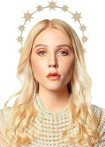 LQTSLFM Halo Krone,Goldene Sternkrone,Haarreif Sonne Mond und Sterne,Glitzer Sonne Mond Sterne Haarreif Zubehör für Frauen Boho Hochzeit Karneval Kopfschmuck (Gold C, Normal)