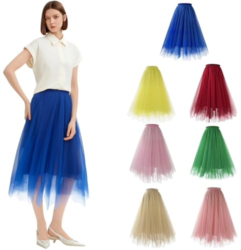 Blauer tüllrock, Tüllrock Damen Lang Karnevalskostüm Unterrock Faschingskostüme Tütü Skirts for Women Tüll Rock Tul Fasching Kostüm Blau, L