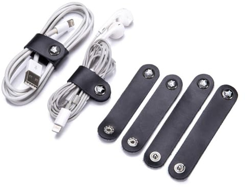 GreatRise 8 Stück Leder Kabelbinder Tragbare Kabelhalter Set Wiederverwendbare Kopfhörer Kabelbinder USB-Kabel Lederband Kabelclips Kabelmanagement für Reise, Zuhause, Schule Und Arbeit Schwarz