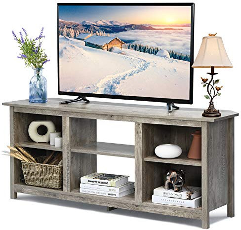 Soporte de madera para TV de hasta 65 pulgadas con 6 estantes de almacenamiento abiertos, centro de entretenimiento multimedia para sala de estar o dormitorio, mesa consola para chimenea eléctrica de