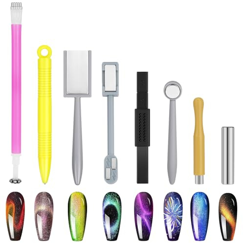 LOPHE Cat Eye Magnet Nagel, 8 Stück Nägel Multi Funktions Cat Eye Nagellack Magnet, Katzenaugen Magnetstifte mit Silikon Schutzhülle, Set Nail Art Werkzeug für 3D Cat Eye Gel Nagellack