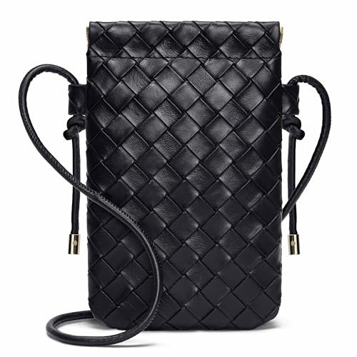 Toptime Handytasche Zum Umhängen, Selbstschließendes Kleine Umhängetasche Damen, Geflecht Handy Tasche mit Verstellbarer Trageriemen, Leicht Leder Handtasche Schwarz für Reisen Einkaufen Spazieren