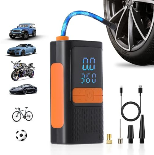 BPMIO Elektrische Luftpumpe Kompressor 12V, Tragbare Akku Fahrradpumpe mit LED Licht & LCD Display, USB-C Aufladung, für Auto Motorrad Fahrrad Ball Luftmatratze