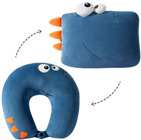 Jinfanshurich Reisekissen Kinder Dinosaurier 2 in 1, Nackenhörnchen Kinder & Schlafkissen Auto Kinder, U Kissen Plüsch Nackenstütze für Reisen, Flugzeug, Auto, Zuhause (Dunkelblau)