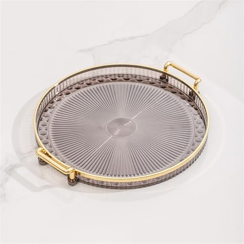 GIBZ Plateau Rond avec Poignées, Plateau de service Décoratif, Table Organiseur de Cosmétiques, Parfums, Bijoux, Bougie, Gris, 30 x 30 x 3.5 cm