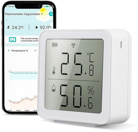 Smart WLAN termometro igrometro digitale mini temperatura interna e sensore di umidità, sensore di temperatura ambiente con allarme di notifica app, compatibile con Alexa e Google Assistant