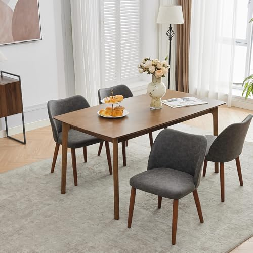ElfinAura Dining Chair Set of 4, Leather Upholstered Dining Chair with Wood Legs, Wing Backrest, Wooden Kitchen Chair, Kitchen Chairs with Thick Cushions for Dining Room, Living Room, Dark Grey