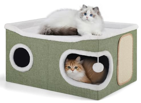 Faltbares Katzenhöhle, Katzenhaus Indoor große Katzen, 61T*45B*32H cm, Grün | 2 Schicht Katzenwürfel, XXL Katzen höhle mit Kratzbrett und Spielball, Katzenhaus Höhle für mittlere und große Haustiere
