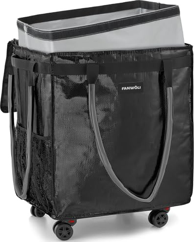 (Medium) Fanwoli Reusable Grocery Bag On Wheels with Washable Liner | Wrinkle-Resistant Fabric | Enhanced Stability Wheels & Extended Handle | Foldable Shopping Trolley for Laundry, Carries Up to 66L