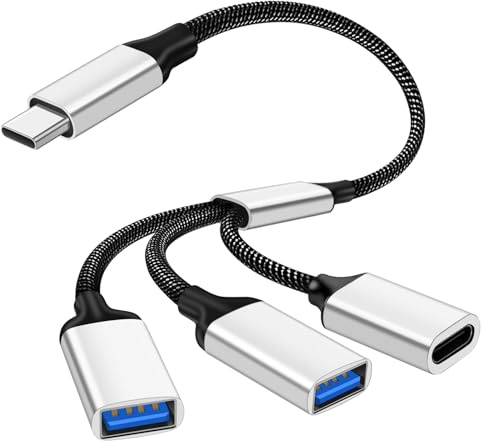 AXFEE USB C Splitter Cable, 3-in-1 USB C Power Cable Extension(Silver) | Type C Port Extender Hub Extra, for Charging Data Transfer, Compatible with Lapto Mac, Car, Xbox One Series, PS4, PS5
