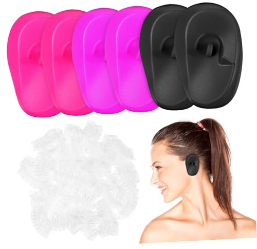 Cabilock Cubiertas Protectoras Oídos de Silicona Desechables para Teñir el Cabello 3 Pares Reutilizables y 200 Piezas de Plástico para Uso en Casa y Viaje